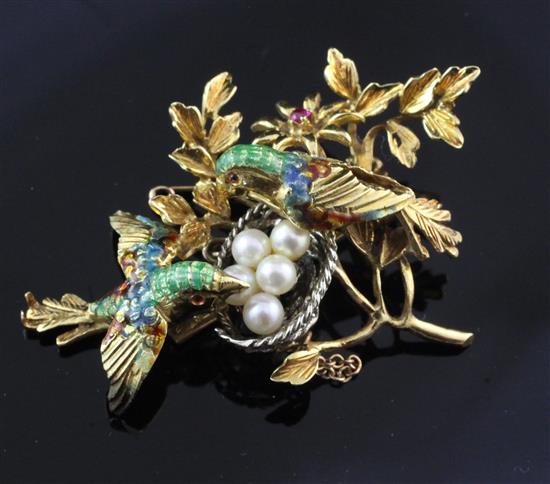 A 1960s Italian 18ct gold, ruby, cultured pearl and enamel brooch, gross weight 11 grams.